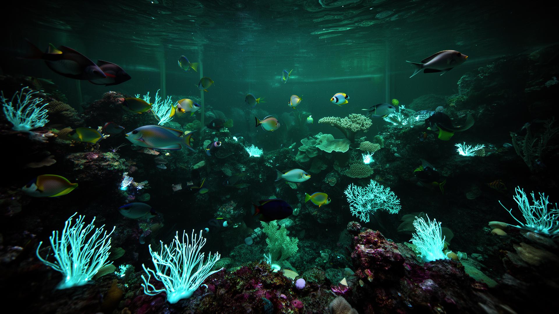 Glowing exotic aquarium with tropical fish